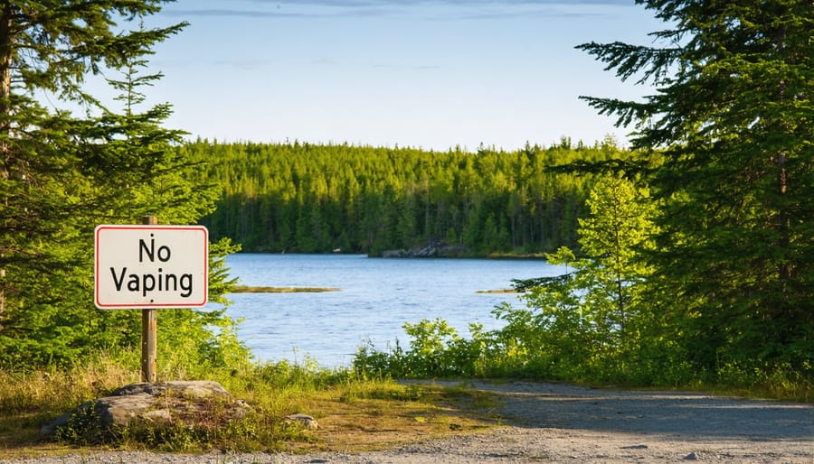 Provincial park entrance sign displaying vaping regulations against a backdrop of pine forest
