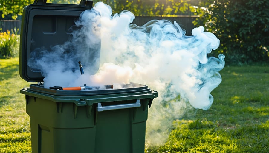 Hiker properly disposing of vaping waste in a portable container while on a wilderness trail
