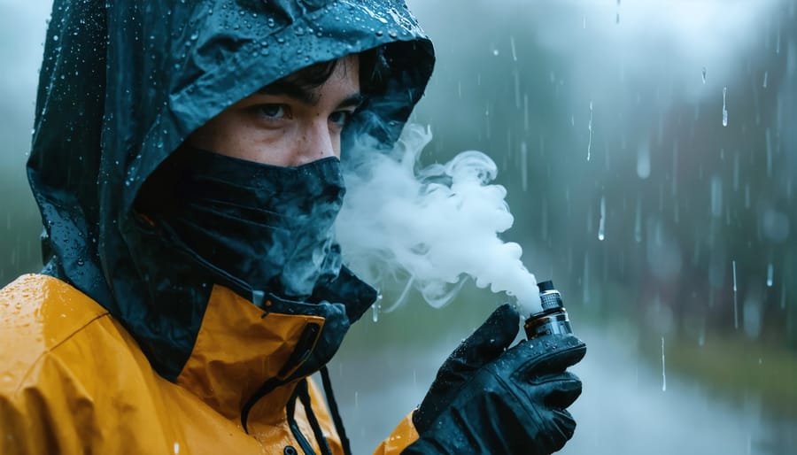Outdoor enthusiast storing vaping equipment in weatherproof container during adverse weather