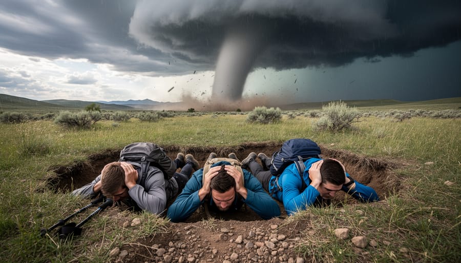 Hiker demonstrating proper tornado shelter position in natural depression in Northern Ontario wilderness