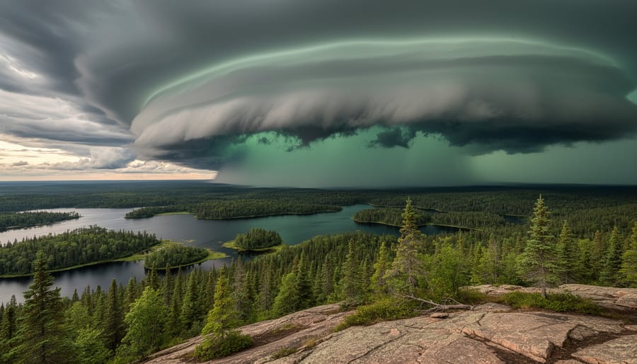 Dark greenish storm clouds forming over Northern Ontario boreal forest indicating tornado conditions