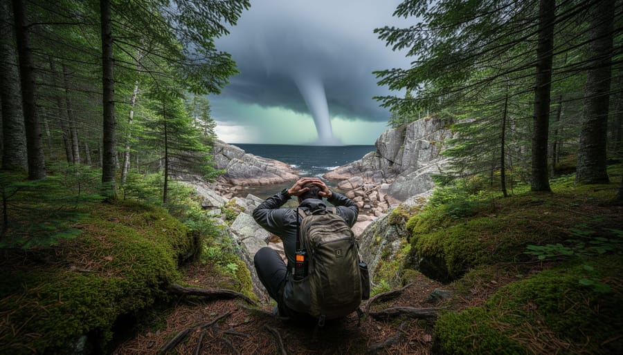 Backcountry hiker crouching in a mossy ravine in dense Northern Ontario boreal forest, arms over head, with a backpack and battery-powered radio, while a distant funnel cloud looms over a rocky lakeshore beneath a green-tinged storm sky.