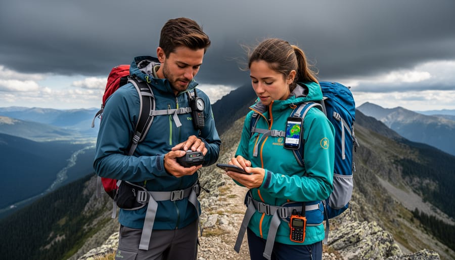Satellite communicator and weather radio with map and compass for wilderness weather monitoring