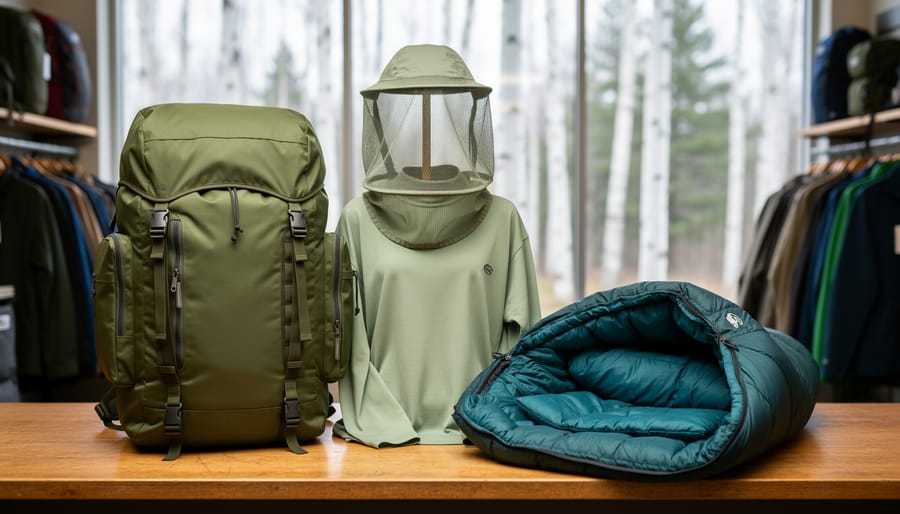 Camping gear for Northern Ontario—canoe pack, bug shirt, and sleeping bag—displayed on a wooden counter inside an outdoor outfitter near the wilderness.