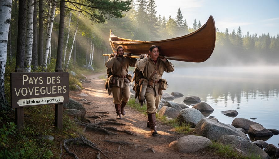 Canoe on a rocky portage path with rope and boots in a Northern Ontario forest