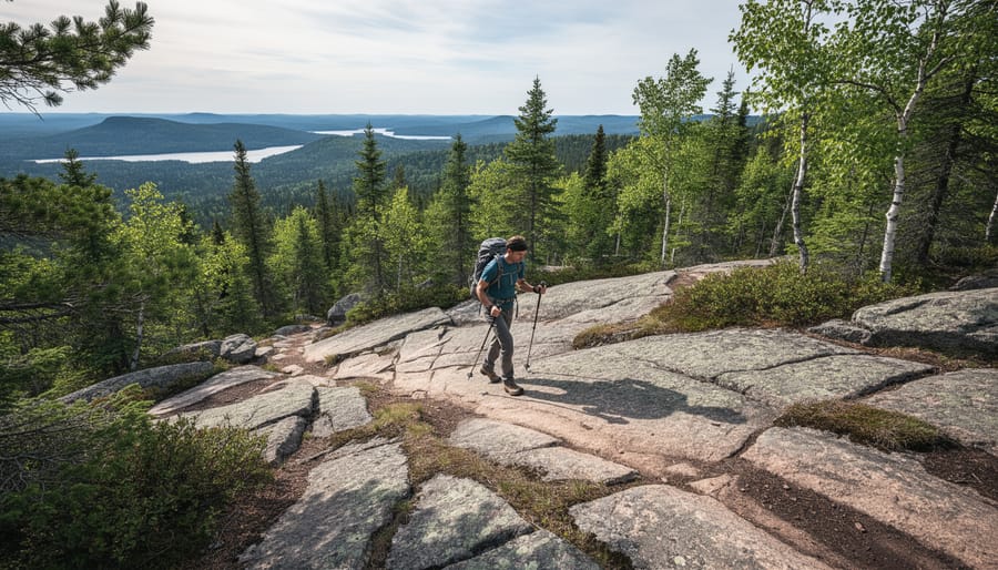 A lone hiker with a daypack walking along rocky Canadian Shield terrain through boreal forest.