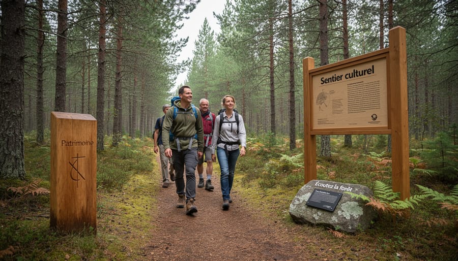 Hikers walking along a boreal forest trail in Northern Ontario with interpretive posts in the background
