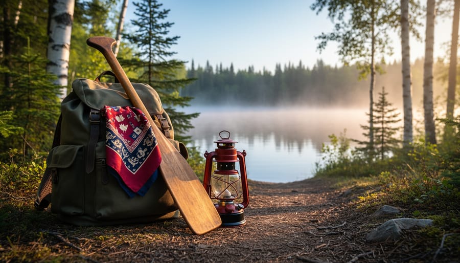 Outdoor hiking scene in Northern Ontario with a boreal forest trail, misty lake in the distance, and camping gear near a canoe paddle and lantern.
