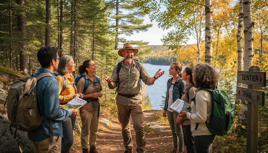 Hiking guide speaking to a small group on a forest trail during golden hour