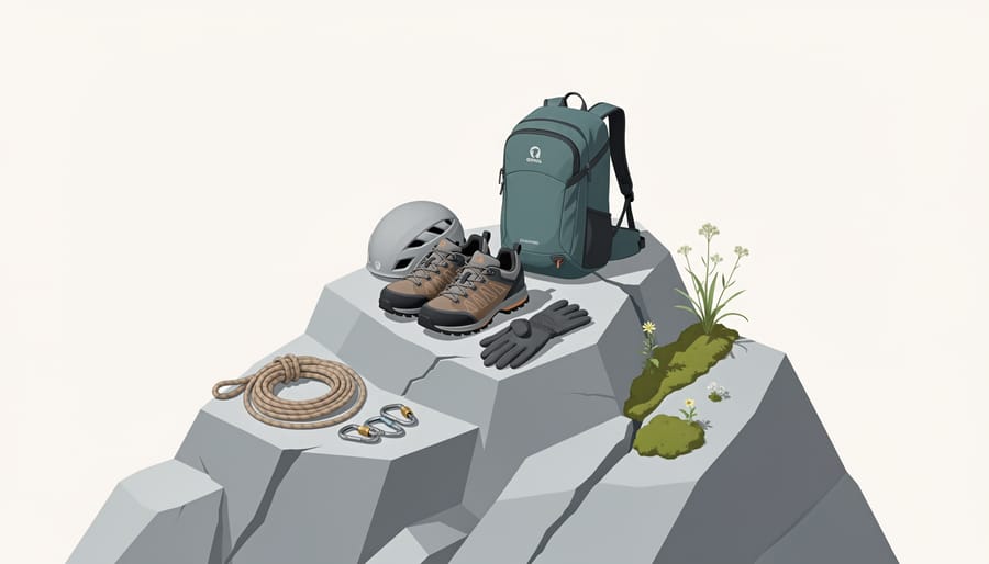 Scramble gear resting on granite beside delicate lichen in a Northern Ontario wilderness setting