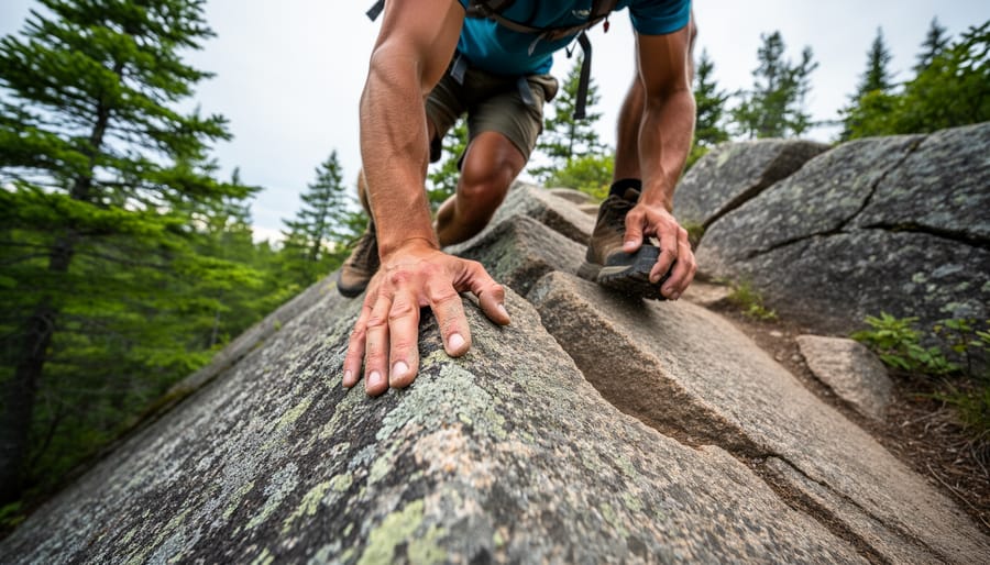 A hiker gripping rough granite while ascending a narrow rock rib on a scramble route in Northern Ontario
