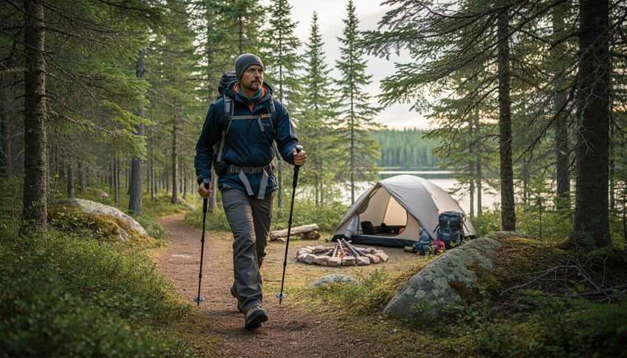 A hiker with a trekking pack stands in a boreal forest near a small tent.