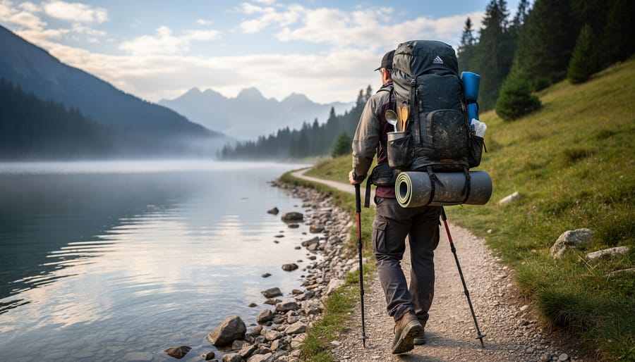 Trekker carrying multi-day packs and gear along a rugged lakeshore in Northern Ontario.
