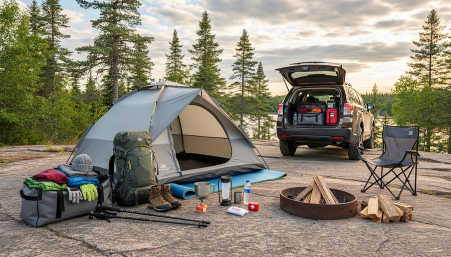 Camping gear laid out on a wooden table, including a backpack, tent, sleeping pad, headlamp, and water bottle.