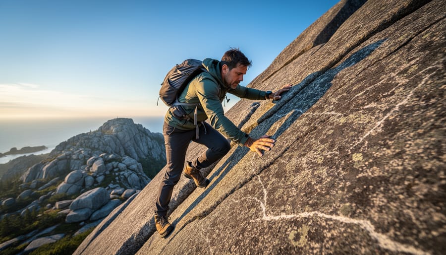 A scrambling hiker gripping a granite boulder face while climbing a steep rock ridge in Northern Ontario, with rugged coastal stone outcrops in the background.
