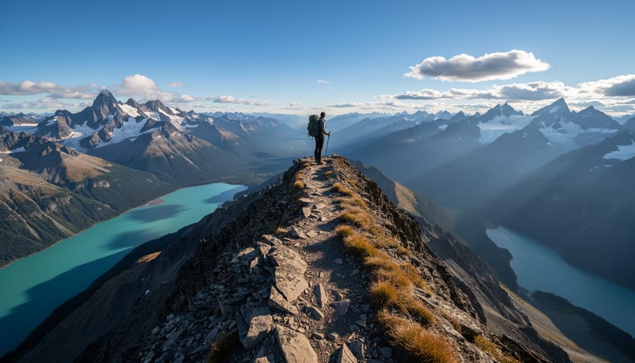 Hiker standing on a rugged alpine ridge overlooking a vast valley with snow patches