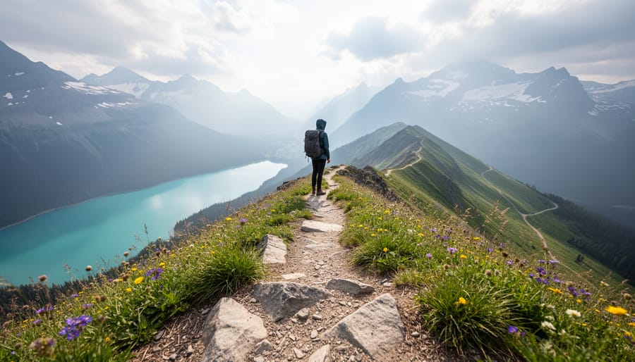 Lone hiker on a windswept ridgeline overlooking turquoise alpine lake and wildflower meadows in British Columbia’s Garibaldi Provincial Park.