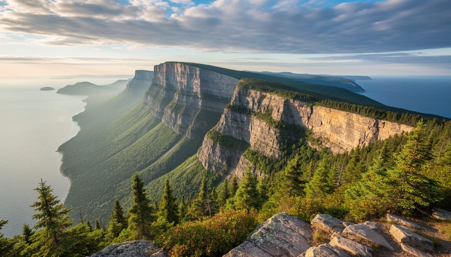 Hikers on the rocky ridgeline of Sleeping Giant at sunrise with forested background