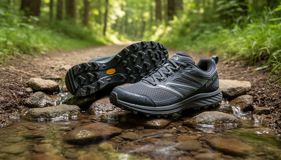 Women’s hiking shoes placed near a shallow stream on wet rock, showing tread and water contact context