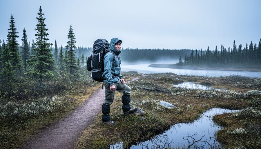 A lone explorer in cold-weather gear stands in Northern Ontario’s boreal forest at the boundary between a maintained trail and muskeg, carrying a loaded trekking pack.