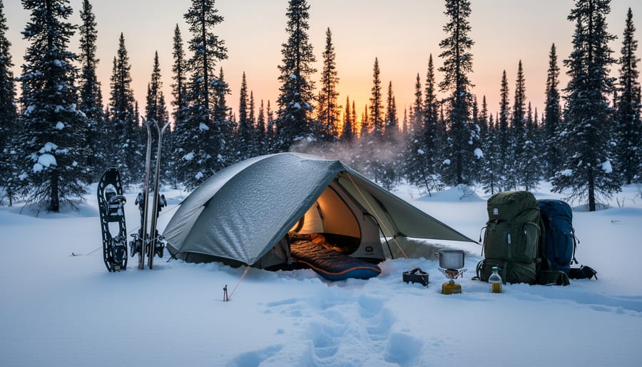Two trekkers setting up a small tent at the edge of a snowy boreal forest in winter conditions.