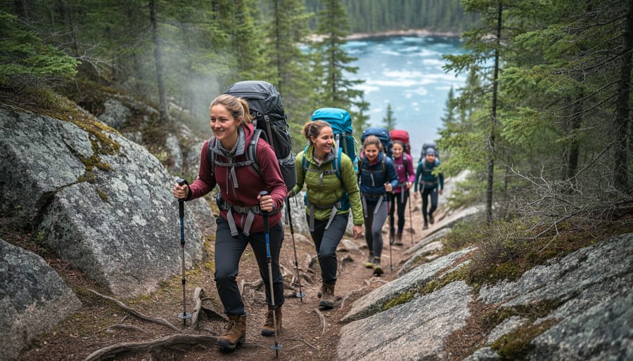 Two women hiking on a boreal portage trail in Northern Ontario during golden hour, wearing hiking shoes