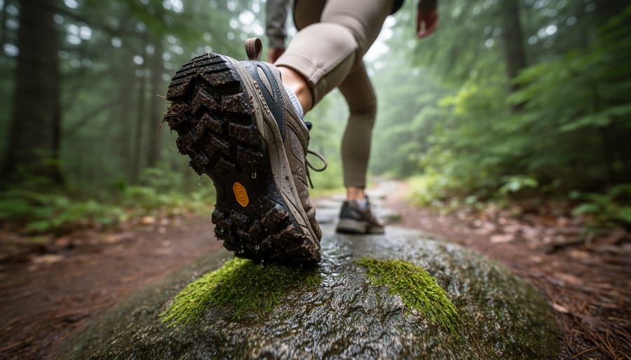 Woman wearing hiking shoes stepping carefully over wet, moss-covered granite on a Northern Ontario trail