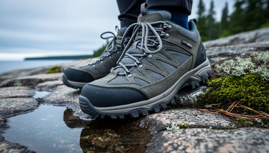 Close-up of women’s hiking shoes with aggressive tread on damp rocky trail in Northern Ontario, with forest moss and a hint of the shoreline in the background.