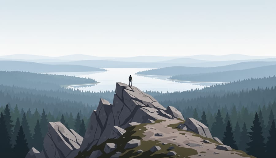 A small hiker stands on a rocky ridge near a summit viewpoint in Northern Ontario under early morning light.