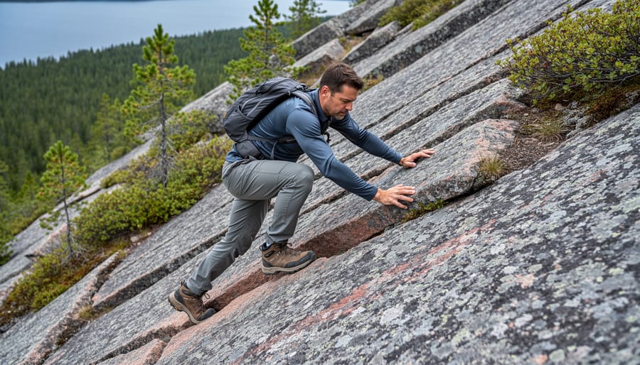 An adult hiker scrambling up jagged granite using hands for balance and boots for footholds in Northern Ontario.