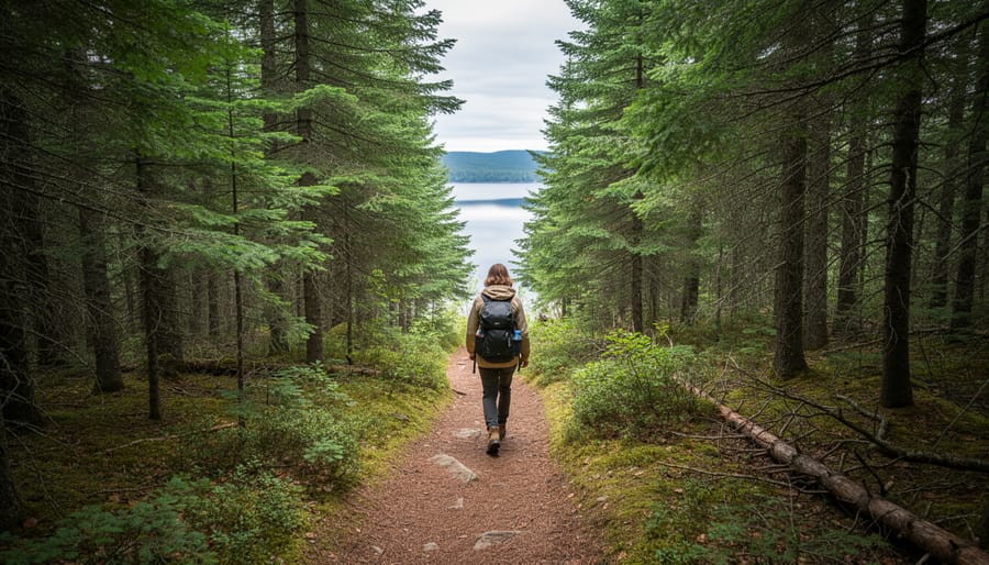Back view of a hiker on a boreal forest trail with sunlight rays and a distant shimmering lake