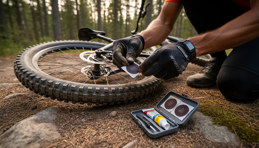 Close-up of a hiker preparing a patch repair for a punctured inflatable sleeping pad at a remote campsite.