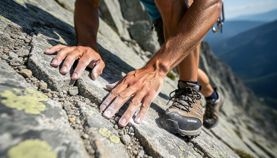 Close-up of boots on granite and a hand bracing on a rock edge while scrambling.