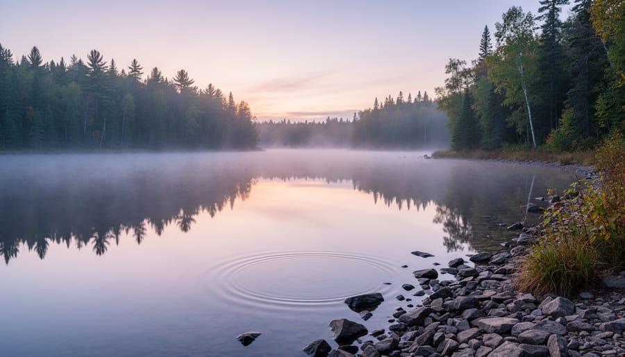 Foggy early-morning lakeshore with calm water and distant evergreen treeline