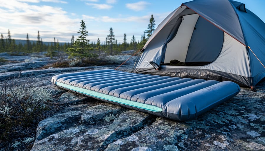 Hiker setting up an insulated hiking sleeping pad on uneven rocky ground beside a tent in Northern Ontario.