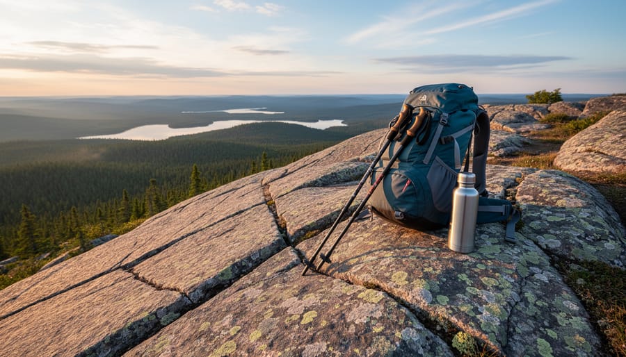 Hikers’ backpacks beside rugged Canadian Shield rocks at a misty elevated viewpoint