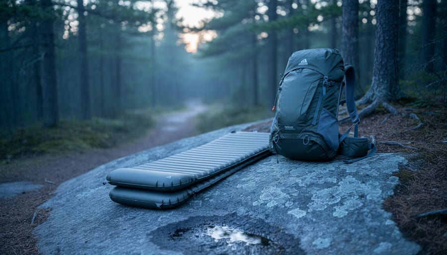 Hiking sleeping pad resting on granite near a pine forest campsite at dawn with a backpack nearby and misty trees in the background.