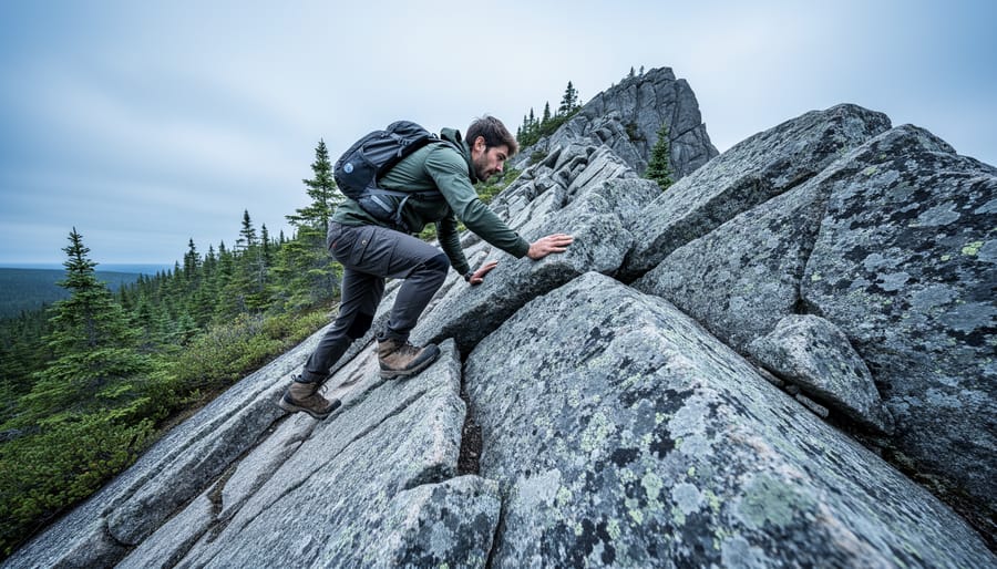 A hiker scrambling over steep granite and quartzite rocks in Northern Ontario, using hands and feet for balance while moving toward a distant lookout.