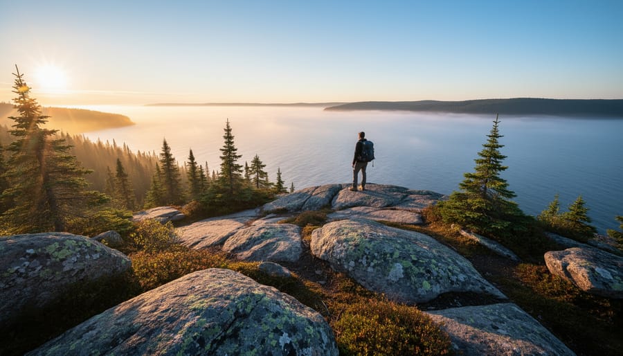 A hiker from behind stands on a granite outcrop above Lake Superior at sunrise, with black spruce trees and morning mist in the surrounding wilderness.