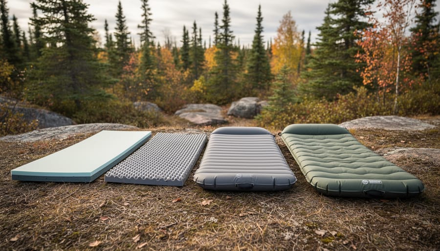 Three types of hiking sleeping pads (inflatable, self-inflating, and closed-cell foam) laid on forest ground near a lakeside campsite.