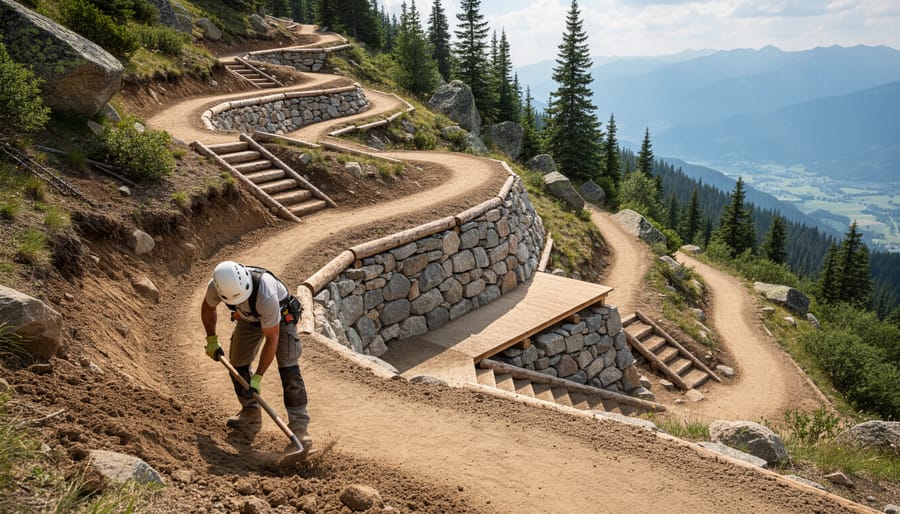 A trail crew maintains a switchback trail with a small platform reversal on a rocky hillside in Northern Ontario.