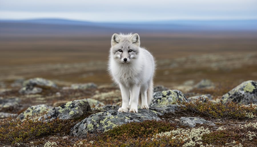 Arctic fox standing on rocky tundra with soft sunlight and blurred coastal terrain in the background.