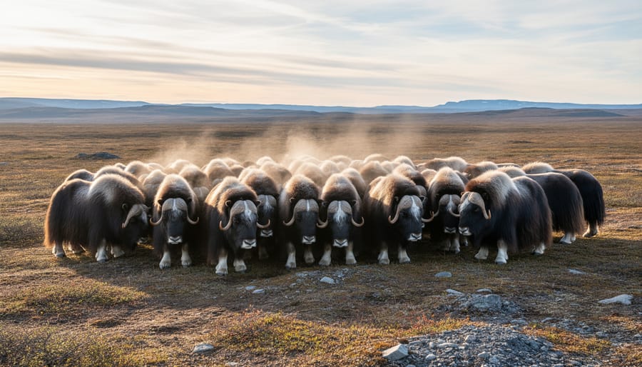 A close herd of muskoxen standing on Arctic tundra, with one adult in sharp focus in the foreground.