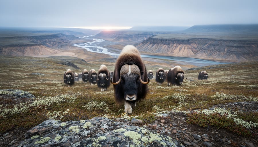 Muskoxen walking across the arctic tundra in Aulavik National Park, with river valley and distant badlands in the background under overcast light.