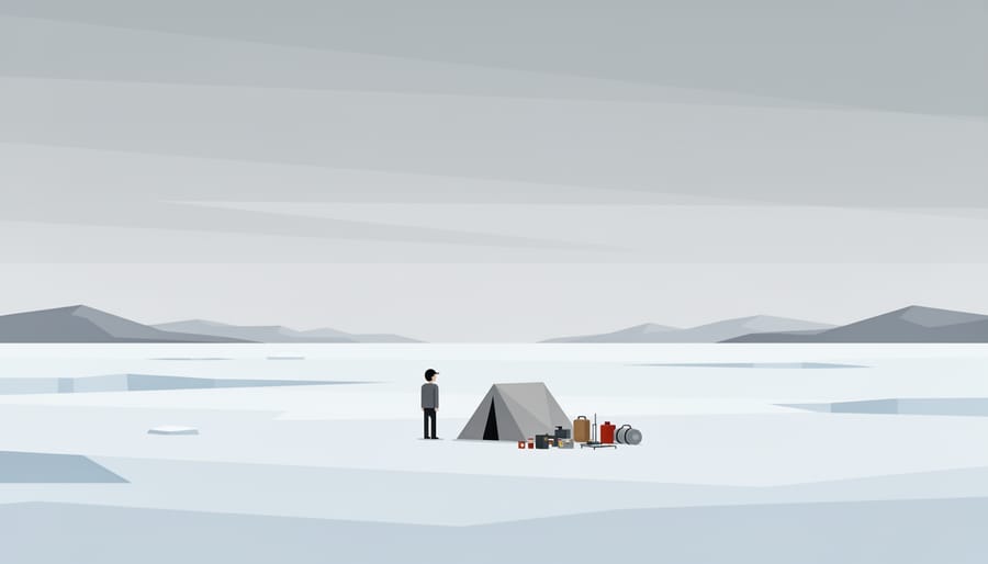 A lone expedition on a remote Arctic tundra coast with a small tent silhouette against a twilight sky.