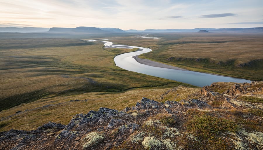 Wide view of remote Arctic tundra and a river valley stretching across Banks Island near Aulavik National Park under an overcast sky.