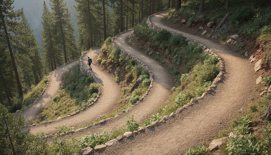 Close-up of a switchback trail bend showing earthen berms and curving dirt path on a steep slope.