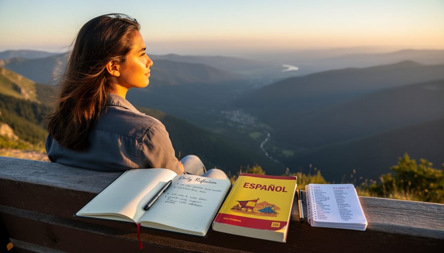 Hiker looking over a valley while holding a journal at sunrise