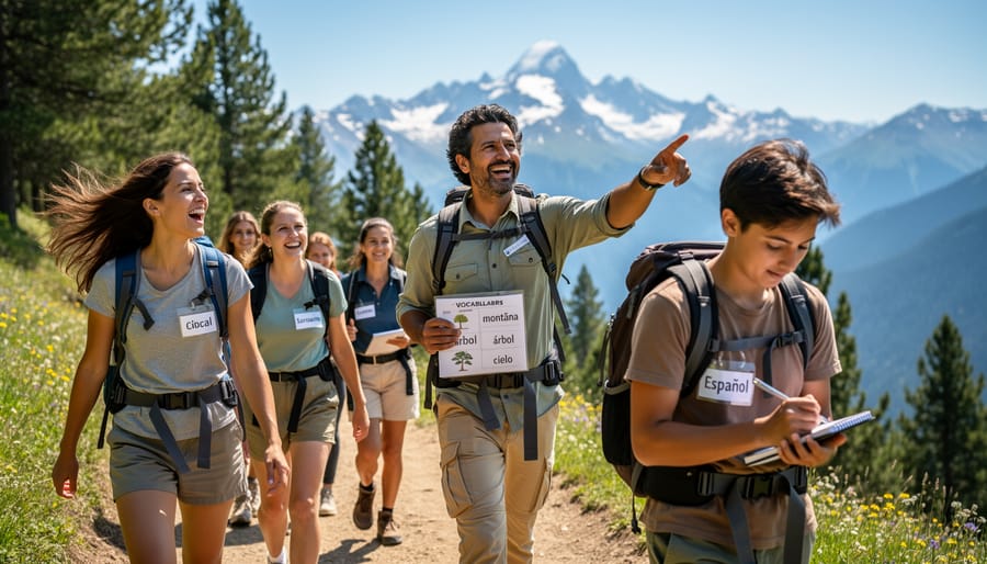 Hikers walking on a mountain trail with a guide in golden hour light