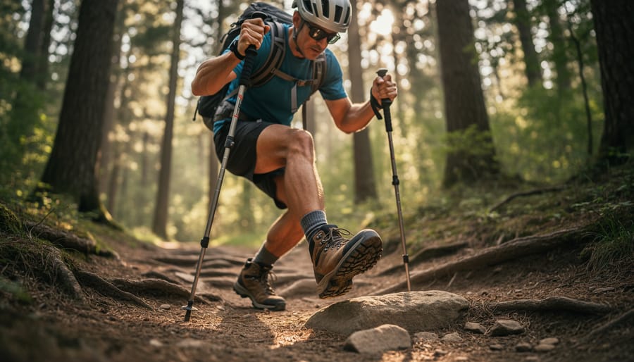 Hiking boots stepping on wet stones with a first-aid kit and emergency items nearby